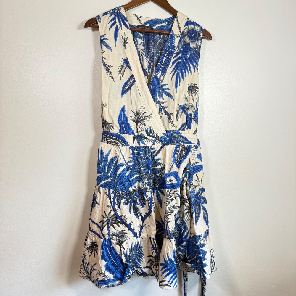 Banana Republic Tropical Floral Tiered Wrap Mini Dress Size XL Blue Ivory